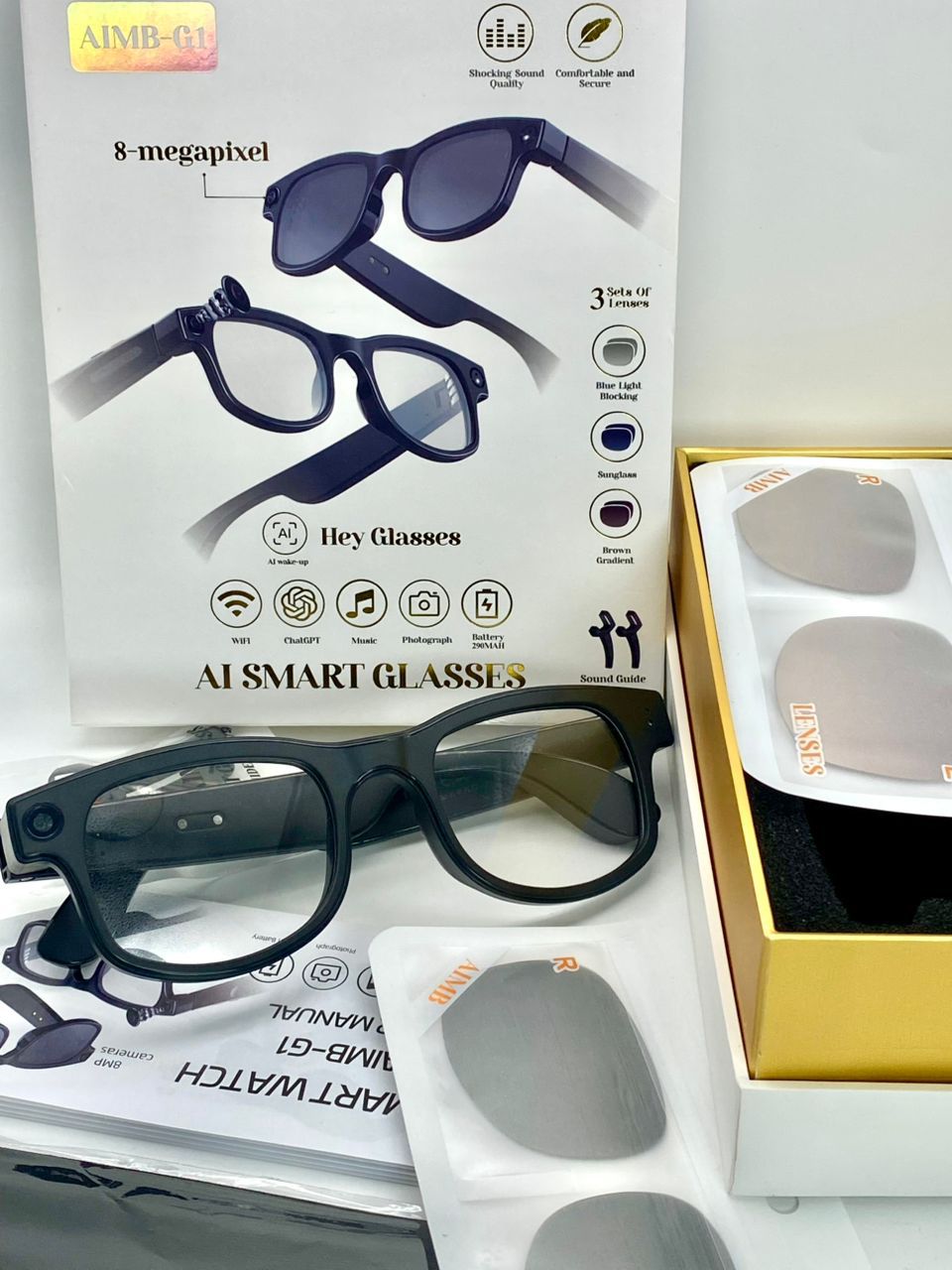 AIMB-G1 Al Smart Glasses with 1080P Camera- Wifi- Chat GPT- Music- Camera